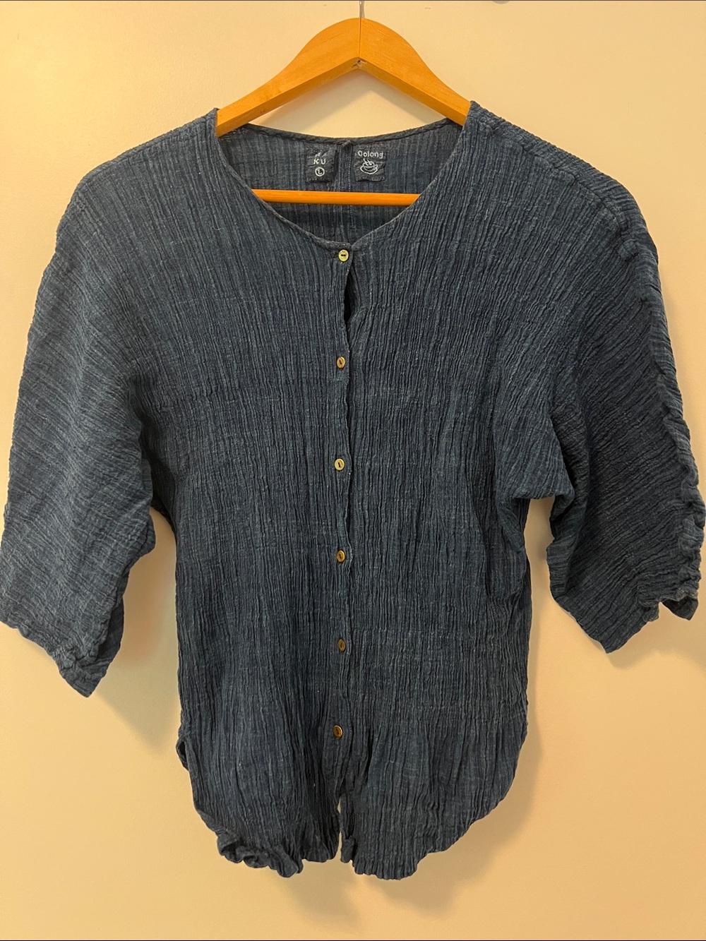 Indigo Crinkle Plissé Pleated Button Down Shirt